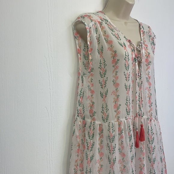 America & Beyond - Pastel Floral See Thru Maxi With Tassels Dress Size Large - Picture 3 of 11